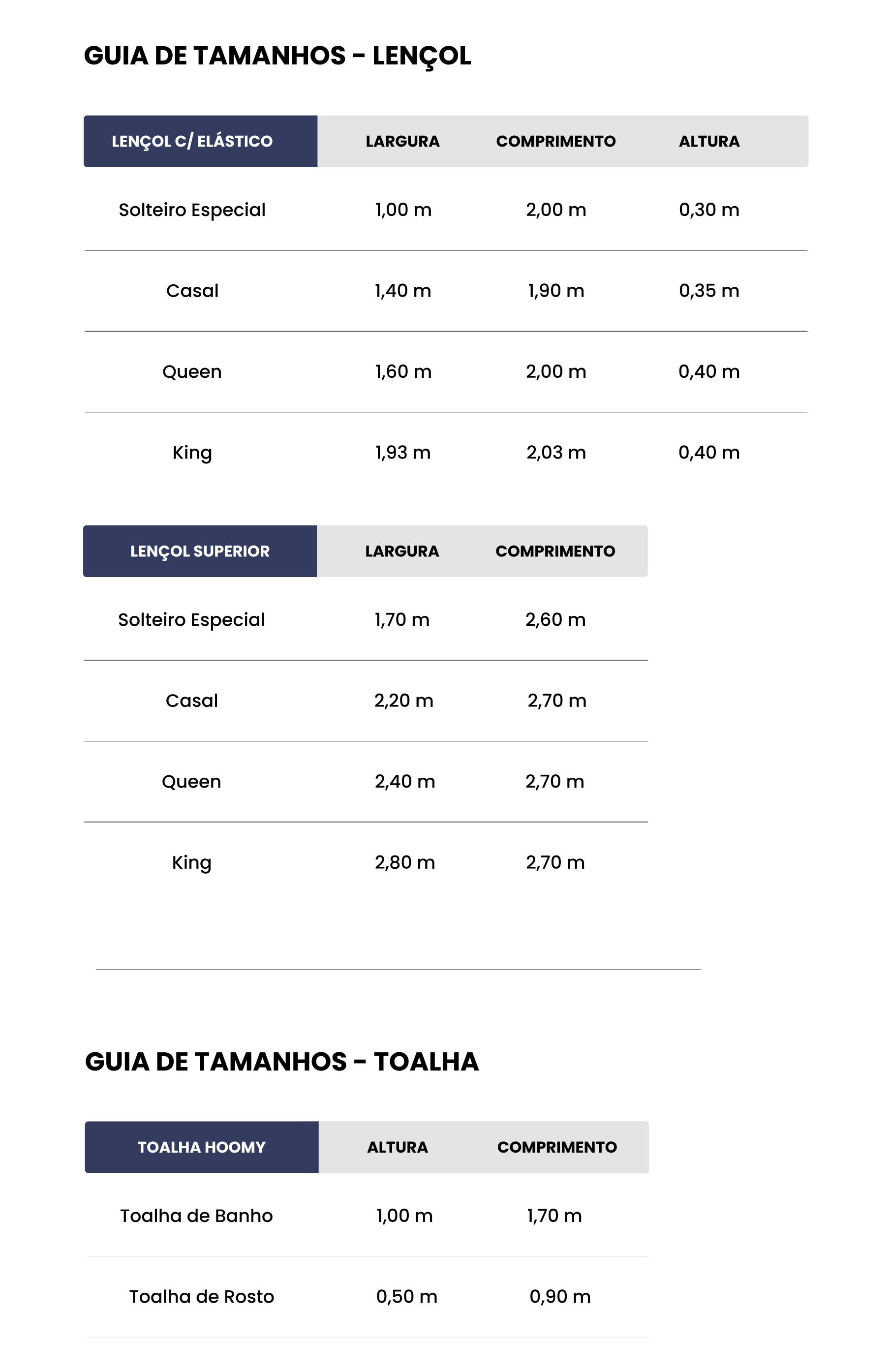 Tabela de Medidas